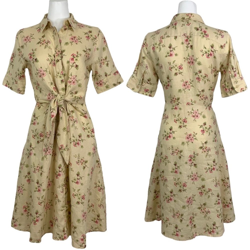 Lauren Ralph Lauren Black Label Floral Linen Shirtdress 6 Natural Cottagecore